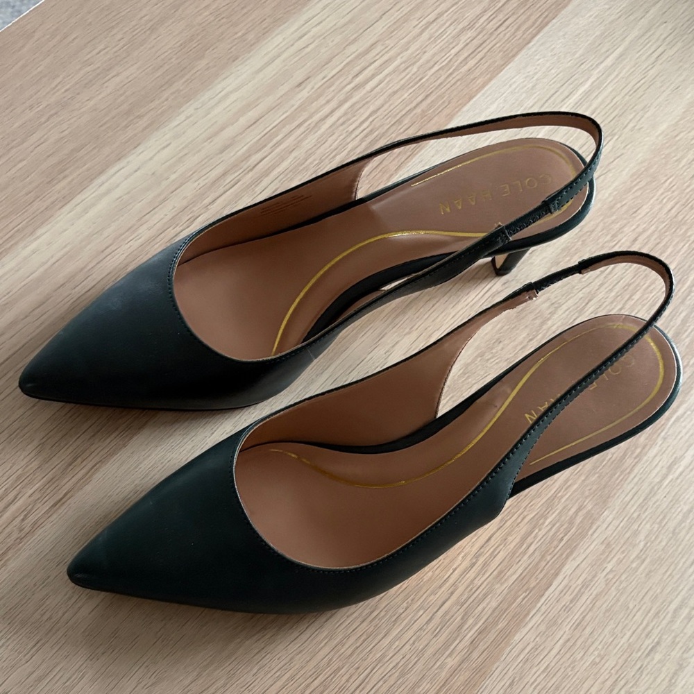 Cole Haan Black Pointed-Toe Slingback Kitten Heels